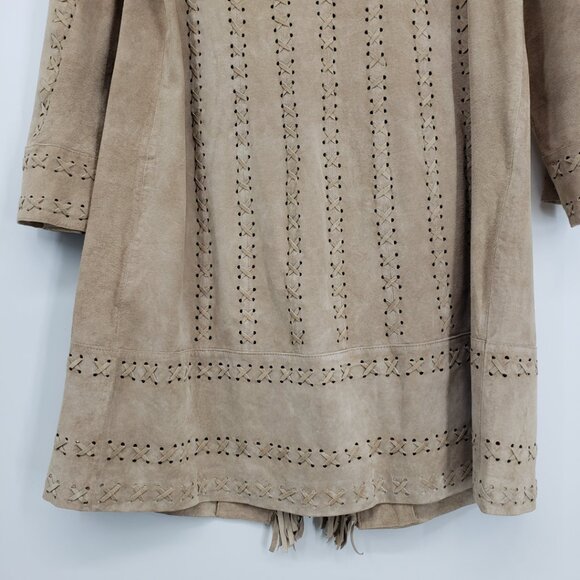 Newport News Vintage Fringe Trim Suede Leather Long Jacket XL Womens Boho Tan - Picture 9 of 9